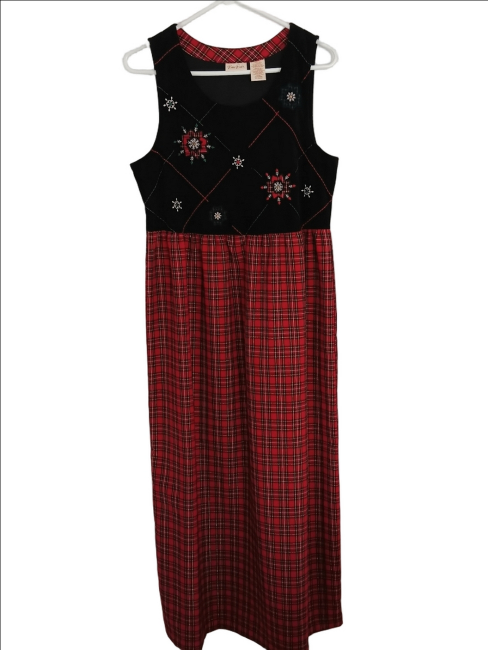 Vintage Black & Red Plaid Sleeveless Maxi Jumper w/ Embroidered Bodice Christmas